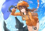  1girl anchor backpack bag bangs black_gloves black_shorts blush brown_eyes brown_hair day dolphin drawstring eno_(joqeve) fingerless_gloves gloves guilty_gear guilty_gear_strive hat heart highres leaning_forward long_hair long_sleeves looking_at_viewer may_(guilty_gear) open_mouth orange_headwear orange_hoodie pirate pirate_hat short_shorts shorts skull_and_crossbones sky smile solo water 