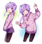  /\/\/\ ai_kusunoki claw_pose commentary cowboy_shot from_side hair_ornament hair_tubes hairclip hands_in_pockets hands_up head_tilt hood hoodie leaning_to_the_side looking_at_viewer multiple_views open_mouth pantyhose purple_eyes purple_hair purple_hoodie purple_shorts short_hair_with_long_locks short_shorts shorts sidelocks smile standing translated v-shaped_eyebrows vocaloid voiceroid yuzuki_yukari 