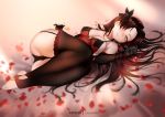  1girl ass bangs bare_shoulders black_hair blue_eyes blush bow breasts camisole cleavage closed_mouth collarbone elbow_gloves fate/stay_night fate_(series) feet gloves hair_bow legs long_hair looking_at_viewer lying medium_breasts on_side parted_bangs solo thighhighs toeless_legwear toosaka_rin zasshu 