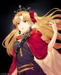  1girl absurdres bangs black_background black_dress black_nails blonde_hair bow breasts brown_cape brown_eyes cape commentary_request dress earrings ereshkigal_(fate/grand_order) eyebrows_visible_through_hair fate/grand_order fate_(series) hair_bow hand_up highres hood hood_down hooded_cape infinity jewelry long_hair looking_away makise_medaka medium_breasts multicolored multicolored_cape multicolored_clothes nail_polish parted_bangs parted_lips red_bow red_cape signature simple_background skull solo spine tiara two_side_up very_long_hair 