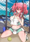  1girl absurdres azur_lane ball bangs bare_legs beach blue_sky blush bottle breast_suppress breasts bremerton_(azur_lane) bremerton_(scorching-hot_training)_(azur_lane) chain-link_fence cleavage cloud collarbone commentary_request crop_top crop_top_overhang day eiico eyebrows_visible_through_hair fence full_body green_skirt grey_hair hair_between_eyes hair_intakes hair_ornament hairclip heart heart_necklace heavy_breathing highres horizon island kneeling large_breasts long_hair looking_at_viewer midriff mole mole_under_eye multicolored_hair navel ocean outdoors pink_eyes pink_hair racket revision sand shadow shirt shoes sidelocks skirt sky sleeveless sleeveless_shirt smile sneakers solo sportswear streaked_hair sweat tennis_ball tennis_racket tennis_uniform twintails two-tone_hair two-tone_skirt water_bottle white_shirt white_skirt 