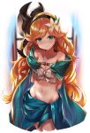  1girl absurdres blue_eyes blush breasts cape cleavage crop_top flower granblue_fantasy green_cape hair_flower hair_ornament hairband headband highres long_hair looking_at_viewer midriff navel orange_hair sara_(granblue_fantasy) skirt smile solo stomach tzakki023 white_flower 