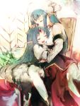  2girls :d bangs chair closed_eyes commentary_request elf facing_another facing_viewer happy highres long_hair multiple_girls open_mouth pastel_kalar pointy_ears rance_(series) rance_10 reset_kalar shado_ne sitting smile tagme 