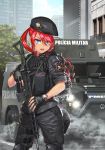  1girl armored_personnel_carrier assault_rifle battle_rifle beret blue_eyes bope city commentary_request emblem english_commentary fingerless_gloves fn_fal gloves gun hat kws military_jacket original patch police police_uniform policewoman portuguese_commentary portuguese_text red_hair rifle solo tactical_clothes trigger_discipline uniform weapon weapon_request 