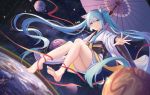 1girl absurdly_long_hair animal_ears barefoot blue_eyes blue_hair feet full_body hatsune_miku highres japanese_clothes long_hair looking_at_viewer mobu_(wddtfy61) oriental_umbrella outstretched_arm solo space twintails umbrella very_long_hair vocaloid 