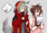  2girls ahoge animal_ear_fluff animal_ears arknights blush braid breasts brown_eyes brown_hair cat_ears cat_tail cleavage clipboard coat crown_braid deathalice doctor_(arknights) dress english_commentary eyebrows_visible_through_hair female_doctor_(arknights) fur-trimmed_hood gas_mask gloves grey_background grey_hair grey_shirt hair_between_eyes hair_bun highres hooded_coat large_breasts lips long_hair looking_at_another looking_down mask_around_neck medium_breasts medium_hair multiple_girls paper pen pen_to_mouth pink_dress projekt_red_(arknights) reading red_coat shirt simple_background sleeveless sleeveless_dress spoken_tail standing tail tail_wagging taut_clothes tight_dress turtleneck turtleneck_dress upper_body white_gloves wolf_ears wolf_tail yuri 