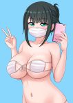  1girl absurdres bangs bikini black_hair blue_eyes breasts commentary eyebrows_visible_through_hair eyepatch_bikini hassu highres large_breasts looking_at_viewer mask mask_on_breasts mouth_mask navel phone plump self_shot simple_background skindentation solo ssss.gridman surgical_mask swimsuit the_only_shoe tied_hair v 