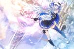  1girl :d absurdres amane_kanata angel angel_wings asymmetrical_bangs asymmetrical_hair asymmetrical_legwear bangs belt beret black_dress black_gloves black_legwear blue_belt blue_hair blue_legwear colored_inner_hair dress feathered_wings flying full_body gloves hair_ornament hair_over_one_eye hairclip halo hand_on_headwear hat highres hololive jacket jewelry kneehighs long_hair long_sleeves looking_at_viewer mismatched_legwear multicolored_hair necklace open_mouth partially_fingerless_gloves pleated_dress puffy_long_sleeves puffy_sleeves purple_(jobseeking) purple_eyes shoes short_dress silver_hair single_hair_intake single_kneehigh single_thighhigh sleeveless sleeveless_dress smile sneakers solo star_halo thigh_pouch thighhighs two_side_up uneven_legwear virtual_youtuber white_footwear white_headwear white_jacket white_wings wings 