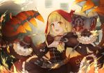  1girl bangs belt belt_buckle blonde_hair blunt_bangs blush book breasts brown_belt brown_dress buckle cape claws dress eyebrows_visible_through_hair fire frilled_sleeves frills hair_ribbon highres holding holding_book hood hood_up hooded_cape little_red_riding_hood_(sinoalice) long_hair long_sleeves looking_at_viewer nomi_(kurocxx110) open_book open_mouth red_cape red_hood red_ribbon ribbon sinoalice sleeves_past_fingers sleeves_past_wrists small_breasts solo upper_teeth yellow_eyes 