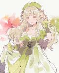  1girl :d ahoge atelier_(series) atelier_ayesha ayesha_altugle blonde_hair blush bow brown_eyes dress floating_hair flower green_dress green_headwear grey_bow hair_flower hair_ornament hand_up hat highres ikeuchi_tanuma long_hair looking_at_viewer open_mouth pink_flower smile solo standing 