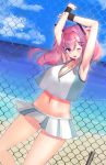  1girl arms_up azur_lane bangs beach blue_sky blush breasts bremerton_(azur_lane) bremerton_(scorching-hot_training)_(azur_lane) chain-link_fence chan&#039;nu commentary_request eyebrows_visible_through_hair fence hair_ornament hairclip highres large_breasts long_hair looking_at_viewer multicolored_hair navel navel_piercing ocean one_eye_closed piercing pink_eyes pink_hair skirt sky sportswear streaked_hair sweat tennis_uniform twintails 