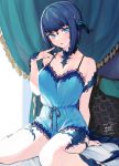  1girl :o absurdres arm_support armpit_peek au_ra bangs bare_arms bare_legs bed bed_sheet belt blue_eyes blue_hair blue_horns blue_nails blunt_bangs blush bob_cut breasts canopy_bed chemise cleavage collarbone commentary commission commissioner_upload curtains dragon_girl dragon_horns dragon_tail english_commentary eyebrows_visible_through_hair eyelashes facial_mark fictional_persona final_fantasy final_fantasy_xiv hand_on_own_cheek highres horns indoors lace-trimmed_chemise lace_trim medium_breasts nail_polish on_bed pillow scales shiny shiny_hair shiny_skin short_hair signature sitting sitting_on_bed solo strap tail uni_(melm) wariza 