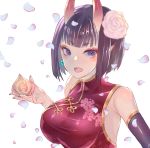 1girl alternate_breast_size breasts cherry_blossoms china_dress chinese_clothes dress elbow_gloves eyeshadow fate/grand_order fate_(series) flower food fruit gloves hair_flower hair_ornament horns large_breasts makeup natsu_jirushi oni peach pointy_ears purple_eyes purple_hair shuten_douji_(fate/grand_order) single_glove solo thick_eyebrows 