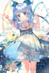  1girl abstract_background arms_up artist_name bangs bib bloomers blue_dress blue_eyes blue_hair bow character_name chinese_commentary cirno clothes_writing commentary_request cropped_legs dated dress expressionless feet_out_of_frame flower hair_bow hair_ornament hairclip head_tilt highres holding_hose hose leaning_to_the_side ling_mou looking_at_viewer medium_hair morning_glory plant short_hair solo symbol_commentary touhou underwear vines water white_background wings x_hair_ornament 