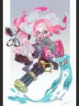  1girl aka_tonbo_(lovetow) artist_name background_text bike_shorts black_shorts blue_eyes bow bowtie brown_footwear cardigan commentary domino_mask dress_shirt earrings english_text fangs floating green_neckwear grey_sweater hair_ornament hairclip heavy_splatling_(splatoon) highres ink_tank_(splatoon) inkling jewelry loafers long_hair looking_at_viewer loose_socks mask miniskirt multicolored multicolored_stripes open_mouth paint_splatter pink_hair pink_neckwear pleated_skirt pointy_ears school_uniform shirt shoes short_shorts shorts shorts_under_skirt signature single_vertical_stripe skirt smile socks solo splatoon_(series) splatoon_2 squid striped striped_neckwear sweater white_legwear white_shirt 