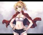  1girl blonde_hair blush breasts cowboy_shot cutoffs denim denim_shorts fate/apocrypha fate_(series) green_eyes groin hands_on_hips jacket_on_shoulders letterboxed mordred_(fate)_(all) navel neck_ribbon ponytail red_scrunchie ribbon scrunchie shorts small_breasts smile solo underboob yaoto 