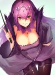  1girl absurdres bangs bent_over breasts cleavage dress eyebrows_visible_through_hair fate/grand_order fate_(series) feather_trim fur-trimmed_dress hair_between_eyes headpiece highres holding holding_wand large_breasts long_sleeves okoru_ringo pantyhose purple_dress purple_hair red_eyes scathach_(fate)_(all) scathach_skadi_(fate/grand_order) smile solo tiara wand wide_sleeves 