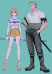  1boy 1girl bob_cut boots brown_eyes earrings green_background hands_in_pockets haramaki jewelry looking_at_another miniskirt nami_(one_piece) one_piece orange_hair roronoa_zoro sandals scabbard setl_lon sheath short_hair simple_background skirt staff standing sword weapon 