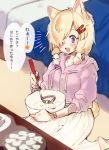  1girl alpaca_ears alpaca_girl alpaca_suri_(kemono_friends) alpaca_tail alternate_costume animal_ears batter bed blonde_hair blue_eyes blush bowl casual commentary_request food griddle hair_ornament hair_over_one_eye hair_tubes hairclip hood hood_down ichi001 kemono_friends long_sleeves open_mouth pink_hoodie pleated_skirt seiza short_hair sitting skirt smile solo table tail translation_request white_skirt 