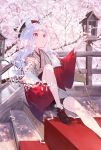  1girl animal_ears commentary_request day ema hat highres hotosoka_(user_nxja5583) japanese_clothes knee_up long_hair mouse_ears original outdoors outstretched_hand red_eyes shoes sitting solo stairs tagme white_hair 