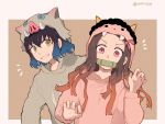  1boy 1girl bamboo beige_background bit_gag black_hair claw_pose dango_(uni_520) fangs gag gradient_hair green_eyes grey_hoodie hashibira_inosuke hood hood_up kamado_nezuko kimetsu_no_yaiba long_hair long_sleeves looking_at_another looking_at_viewer multicolored_hair notice_lines oni_horns pink_eyes pink_hoodie twitter_username two-tone_background upper_body 