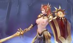  1girl armor armored_dress azto_dio breasts brown_eyes headgear highres large_breasts league_of_legends leona_(league_of_legends) navel nipples orange_hair pauldrons shield sword tagme topless weapon 