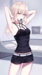  1girl armpits arms_behind_head arms_up artoria_pendragon_(all) bangs bare_shoulders bed belt black_camisole black_ribbon black_shorts blonde_hair blurry blurry_background blush breasts collarbone fate/grand_order fate/stay_night fate_(series) hair_between_eyes highres jet_black_king_of_knights_ver._shinjuku_1999 jewelry long_hair low_ponytail meltymaple mouth_hold necklace pale_skin ribbon saber_alter short_shorts shorts sidelocks small_breasts solo thighs tying_hair white_belt yellow_eyes 