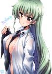  1girl :o anchovy_(girls_und_panzer) anzio_school_uniform areolae bangs between_breasts blush breasts brown_eyes character_name cleavage covered_nipples eyebrows_visible_through_hair girls_und_panzer green_hair hair_down holding holding_ribbon kamogawa_tanuki large_breasts long_hair long_sleeves looking_at_viewer necktie necktie_between_breasts no_bra open_clothes open_shirt ribbon school_uniform shiny shiny_hair shirt sidelocks signature simple_background solo untied white_background white_shirt 