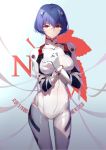  1girl ayanami_rei bandages blue_hair bodysuit breasts cowboy_shot glasses hairpods large_breasts lekou looking_at_viewer neon_genesis_evangelion nerv plugsuit red_eyes shadow shiny solo standing thigh_gap white_bodysuit 