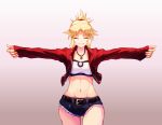  1girl ^_^ absurdres bandeau bangs bare_thighs belt black_belt blonde_hair breasts closed_eyes collarbone commentary_request crop_top cropped_jacket cutoffs denim denim_shorts eyebrows_visible_through_hair fate/apocrypha fate_(series) full_body gradient gradient_background grey_background grin groin hair_ornament hair_scrunchie highres jacket jewelry juunishi_aya midriff mordred_(fate) mordred_(fate)_(all) navel necklace open_clothes open_jacket outstretched_arms parted_bangs ponytail red_jacket red_scrunchie scrunchie short_shorts shorts sidelocks simple_background sleeves_past_wrists small_breasts smile solo standing white_background white_bandeau 