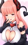  1girl :d bangs bare_shoulders black_gloves black_wings breasts cleavage cleavage_cutout commentary_request covered_navel curled_horns demon_girl demon_horns demon_tail demon_wings elbow_gloves eve.ch eve_valerne eyebrows_visible_through_hair gloves hand_to_own_mouth hand_up heart heart_cutout horn_ribbon horns large_breasts long_hair looking_at_viewer maccha open_mouth pink_hair pointy_ears red_eyes red_ribbon ribbon shirt sleeveless sleeveless_shirt smile solo succubus tail virtual_youtuber white_shirt wings 