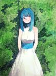  1girl arms_behind_back bangs bare_shoulders blue_hair blush breasts closed_mouth dress halter_dress hatching_(texture) head_tilt highres kms2605 large_breasts light_blush long_hair original pink_eyes sleeveless sleeveless_dress smile solo standing white_dress 