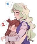  ! 2girls absurdres blonde_hair blue_eyes blush breasts brown_hair closed_eyes closed_mouth diana_cavendish head_on_chest highres hug kagari_atsuko little_witch_academia long_hair looking_at_another luna_nova_school_uniform medium_breasts multiple_girls open_mouth school_uniform simple_background sleeping speech_bubble sweat takao_(88499191) teeth upper_body upper_teeth white_background yuri 