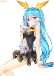  1girl absurdres bangs bare_arms bare_shoulders black_bow blue_eyes blue_hair bow breasts commentary hair_between_eyes hatsune_miku highres long_hair low_twintails medium_breasts rachel_bouvier simple_background smile solo twintails very_long_hair vocaloid white_background wrist_cuffs 