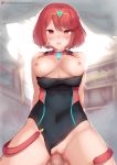  1boy 1girl arms_behind_back bangs bare_shoulders blush breasts censored covered_navel deru06 hetero highres homura_(xenoblade_2) jewelry large_breasts looking_at_viewer mosaic_censoring open_mouth penis red_eyes red_hair sex short_hair solo_focus swept_bangs tiara vaginal xenoblade_(series) xenoblade_2 