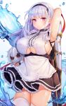  1girl arm_up armpits azur_lane bare_shoulders black_skirt blurry breasts character_doll cowboy_shot depth_of_field dido_(azur_lane) dress frilled_dress frills hairband highres holding large_breasts long_hair looking_at_viewer pink_eyes reel37891 sideboob silver_hair skirt solo sword thighhighs underboob_cutout water weapon white_dress white_legwear zettai_ryouiki 