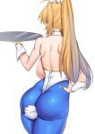  1girl ahoge artoria_pendragon_(all) artoria_pendragon_(swimsuit_ruler)_(fate) ass backboob blue_legwear breasts bunny_tail bunnysuit detached_collar fake_tail fate/grand_order fate_(series) from_behind funaya_(a2brasd) highleg highleg_leotard highres holding large_breasts leotard long_hair pantyhose simple_background solo tail tray white_background white_leotard wrist_cuffs 