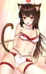  1girl adapted_costume animal_ears areola_slip areolae bad_id bad_pixiv_id bandaid bandaid_on_arm bandaid_on_stomach bikini breasts brown_hair cat_ears cat_tail commentary_request detached_collar frilled_bikini frills hat heart highres katsushika_pachi layered_bikini long_hair looking_at_viewer medium_breasts navel nurse_cap original pasties pill_on_tongue red_eyes solo strap_slip swimsuit tail thighhighs tongue tongue_out white_legwear 