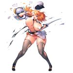  1girl :3 battle_damage breasts censored cerberus_(last_origin) cuts damaged fang hat hat_removed headwear_removed highres huge_breasts injury jacket last_origin looking_at_viewer mole mole_under_eye official_art orange_hair panties pink_panties shield short_hair sima_(startwitch) solo striped striped_panties sword tears thighhighs torn_clothes torn_legwear transparent_background underwear weapon white_jacket 