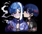  2boys black_background blowing_in_ear blowing_smoke blue_eyes blue_hair blush cigarette doppel_(bonnypir) dunhill earrings grin highres jewelry looking_at_viewer male_focus mevius multicolored_hair multiple_boys personification red_eyes red_hair smile streaked_hair white_hair 