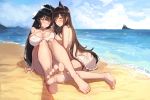  2girls absurdres animal_ears atago_(azur_lane) atago_(midsummer_march)_(azur_lane) azur_lane bangs bare_shoulders barefoot beach bikini black_hair blue_sky blunt_bangs blush bow breasts brown_hair casual_one-piece_swimsuit cleavage closed_mouth cloud commentary_request criss-cross_halter extra_ears feet frilled_skirt frills hair_bow hair_flaps hair_ribbon halterneck highres large_breasts long_hair looking_at_viewer md5_mismatch multiple_girls one-piece_swimsuit open_mouth ponytail ribbon sand see-through shore side-tie_bikini sideboob sitting skirt sky soles swept_bangs swimsuit takao_(azur_lane) takao_(beach_rhapsody)_(azur_lane) toes water waves wet white_bow white_ribbon white_swimsuit ye yellow_eyes 