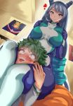  1boy 1girl absurdres all_might asphyxiation bedroom between_thighs black_hair blue_eyes blush bodysuit boku_no_hero_academia green_eyes green_hair hadou_nejire heart hetero highres leg_lock midoriya_izuku open_mouth poster razzdrawing school_uniform sitting smile tears thigh_grab wide-eyed 