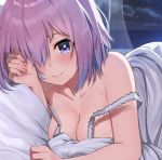  1girl arm_support bare_shoulders bed_sheet blush breasts cleavage cloud curtains face fate/grand_order fate_(series) hair_over_one_eye highres jjeono looking_at_viewer lying mash_kyrielight medium_breasts night nightgown off_shoulder on_stomach purple_eyes purple_hair smile solo star_(sky) strap_slip under_covers 