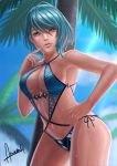  1girl arm_up armpits bare_shoulders blue_sky blue_swimsuit breasts cleavage cleavage_cutout cloud dead_or_alive dead_or_alive_6 dead_or_alive_xtreme finger_to_cheek green_hair hair_between_eyes halterneck hand_on_hip highlights highres looking_at_viewer medium_breasts multicolored_hair outdoors palm_tree parted_lips short_hair side-tie_swimsuit sideboob signature sky solo swimsuit tamaki_(doa) tree underboob upper_teeth wa-kun wet wet_clothes wet_hair wet_swimsuit yellow_eyes 