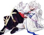  1boy :d ;d black_footwear boots fate/grand_order fate_(series) fou_(fate/grand_order) hair_between_eyes hair_ornament leaning_back long_sleeves merlin_(fate) mo_(mocopo) one_eye_closed open_mouth pants puffy_pants purple_eyes reclining red_ribbon ribbon simple_background sitting smile solo white_background white_hair wide_sleeves 