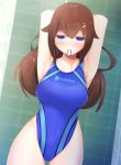  1girl absurdres arm_behind_head armpits arms_up blue_eyes blue_swimsuit blurry brown_hair commentary_request competition_swimsuit covered_navel cowboy_shot depth_of_field dutch_angle highleg highleg_swimsuit highres hololive long_hair looking_at_viewer mouth_hold one-piece_swimsuit rubber_band solo soruto_reid swimsuit tile_wall tiles tokino_sora tokino_sora_channel virtual_youtuber 