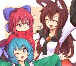  3girls :d ;d ^_^ animal_ear_fluff animal_ears arm_up bangs beige_background blue_bow blue_eyes blue_hair blush border bow breasts brooch brown_hair cape closed_eyes collarbone commentary dress english_commentary eyebrows_visible_through_hair fang grass_root_youkai_network green_kimono hair_between_eyes hair_bow head_fins high_collar imaizumi_kagerou japanese_clothes jewelry kimono long_sleeves looking_at_another looking_at_viewer medium_breasts multiple_girls one_eye_closed open_mouth outside_border outstretched_arms red_cape red_eyes red_hair sekibanki short_hair simple_background smile tail touhou wakasagihime white_border white_dress wide_sleeves wolf_ears wolf_tail wool_(miwol) 