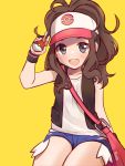  1girl baseball_cap blue_eyes brown_hair hat highres holding holding_poke_ball kuatakeru looking_at_viewer open_mouth poke_ball poke_ball_(generic) pokemon pokemon_(game) pokemon_bw ponytail shorts simple_background smile solo touko_(pokemon) vest yellow_background 