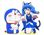  1girl :3 ahoge animal_ears bare_shoulders bell bell_collar blue_cat blue_gloves blue_hair blue_skirt blush_stickers braid cat_ears cat_tail collar commentary_request doraemon doraemon_(character) doughnut elbow_gloves food gloves indian_style kneeling long_hair one_eye_closed precure red_eyes sitting skirt star_twinkle_precure tail thighhighs trait_connection twin_braids ueyama_michirou whisker_markings yuni_(precure) zettai_ryouiki 