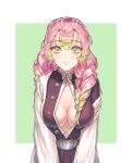  1girl absurdres bangs blush braid breasts cleavage commentary_request gradient_hair green_eyes green_hair highres japanese_clothes kanroji_mitsuri kimetsu_no_yaiba large_breasts long_hair long_sleeves looking_at_viewer mole mole_under_eye multicolored_hair pink_hair smile solo tangerine_honey two-tone_hair unbuttoned 